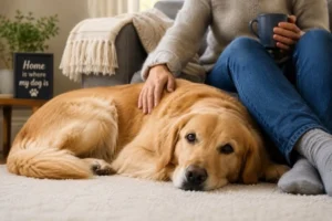 Calm dog relaxing near owner to reduce stress