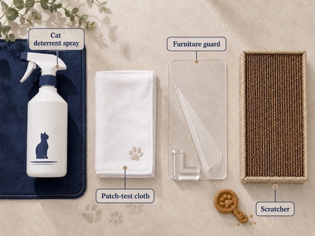 Cat furniture protection tools including deterrent spray and scratching pad