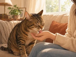 Cat licking their owner’s hand while sitting together on a cozy sofa Medium