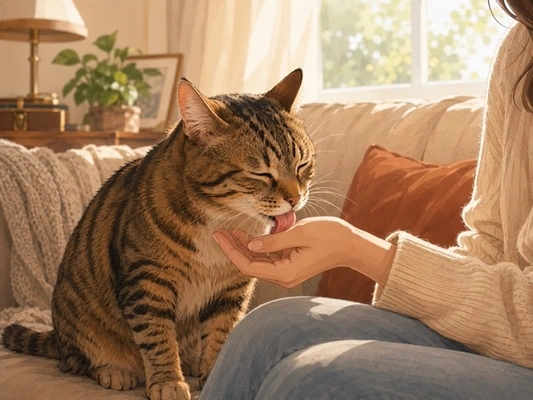 Cat licking their owner’s hand while sitting together on a cozy sofa Medium