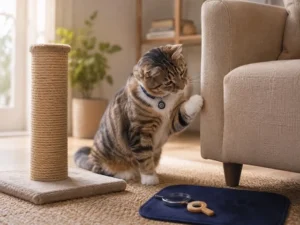 Cat near a sofa arm and a sisal scratching post in a living room