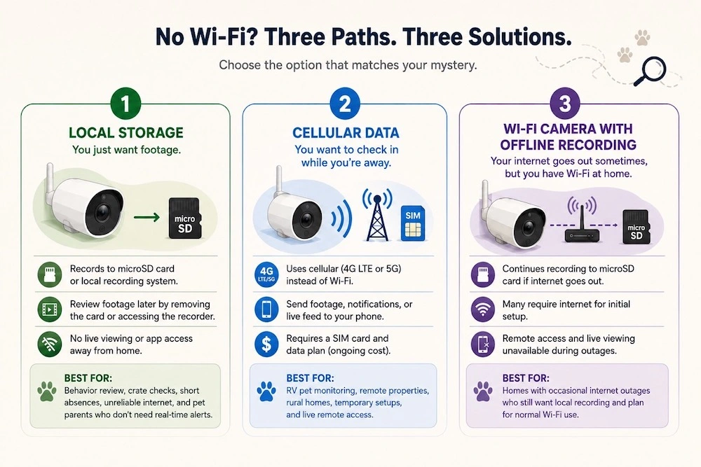Comparison of local storage, cellular, and Wi-Fi pet camera options
