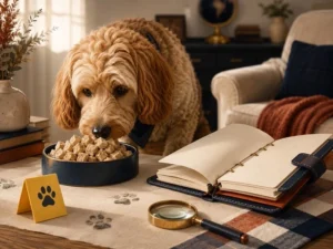 Curious dog sniffing a bowl of freeze-dried dog food in a cozy kitchen