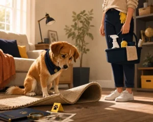dog looking at pee on carpet