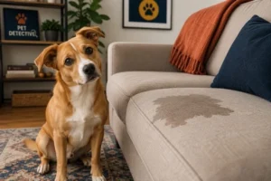 Dog sitting next to couch after licking the sofa cushion