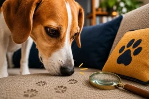 Dog sniffing couch fabric before licking furniture