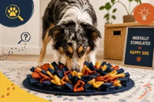 Dog using puzzle toy for mental enrichment.