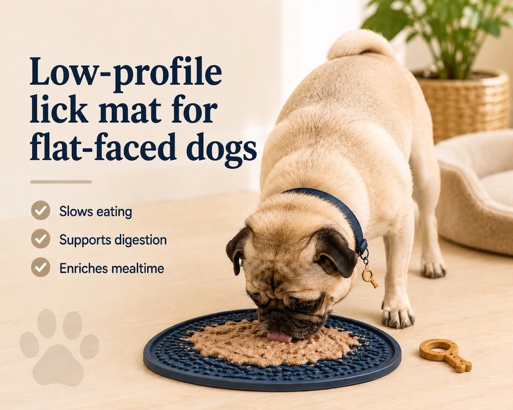 pug eating from low profile dog lick mat