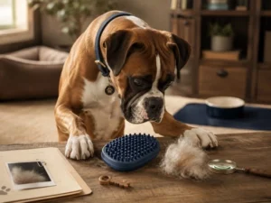 Short-haired dog being groomed with a rubber deshedding brush at home