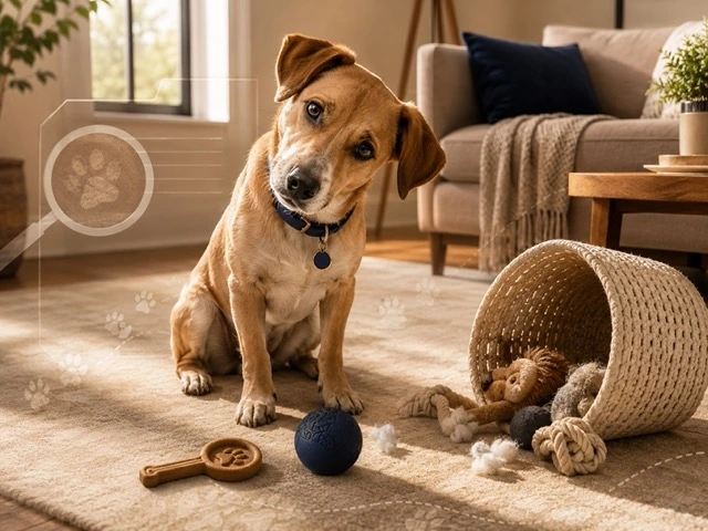 Curious dog investigating toys in a living room, representing signs a dog may be bored at home