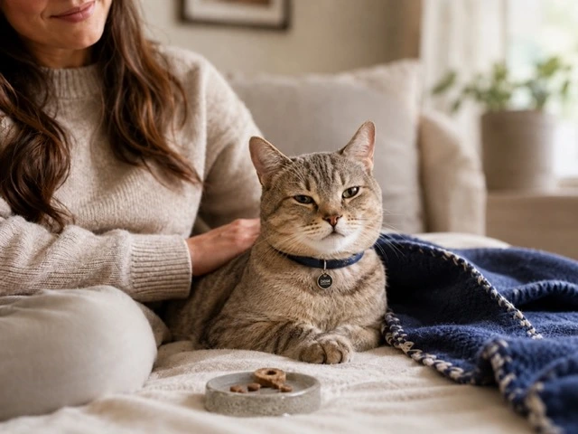 Relaxed tabby cat with its owner on a sofa